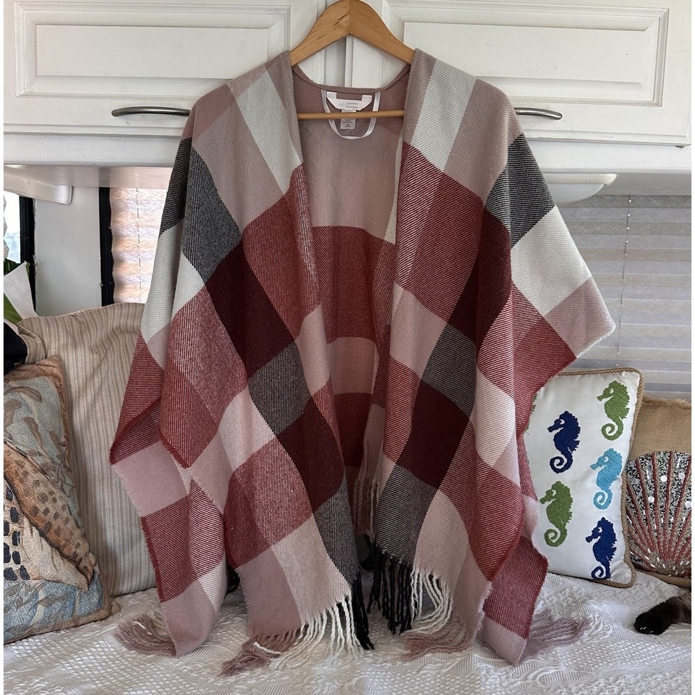 Lauren Conrad‎ Plaid Fringe Wrap Poncho One Size Rust Gray Mauve Pink Southwest